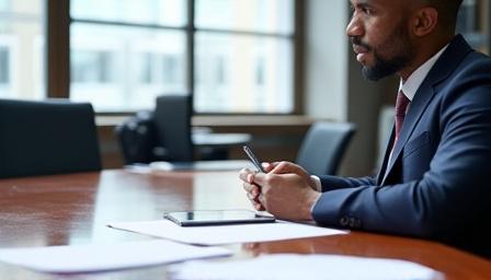A focused professional preparing notes at a conference table