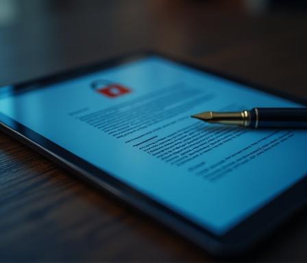 Close up of a secure digital tablet and luxury pen representing legal data protection